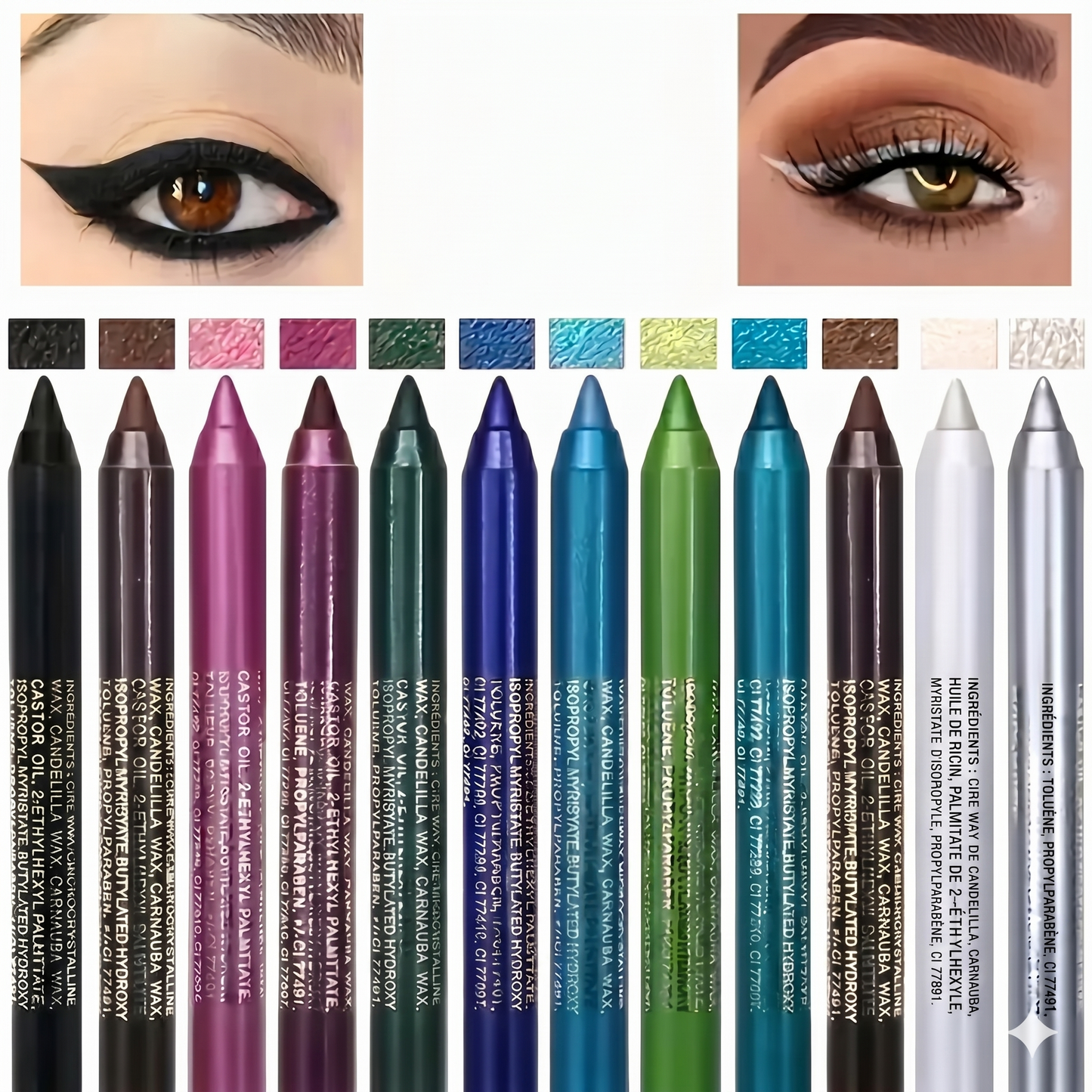 Ensemble de 12 eye-liners à paillettes, au fini brillant et résistants à l'eau